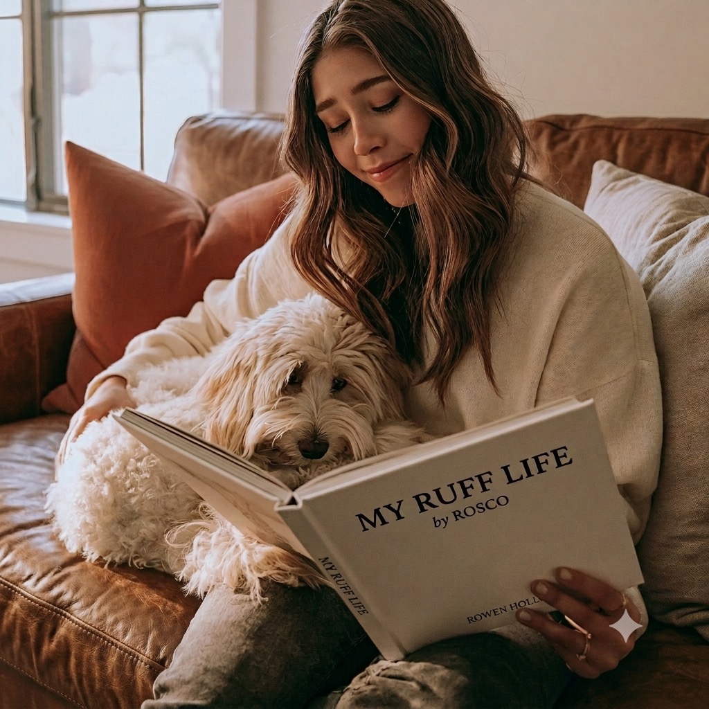 A woman reading a Rowen Hollow book with her dog on a velvet sofa